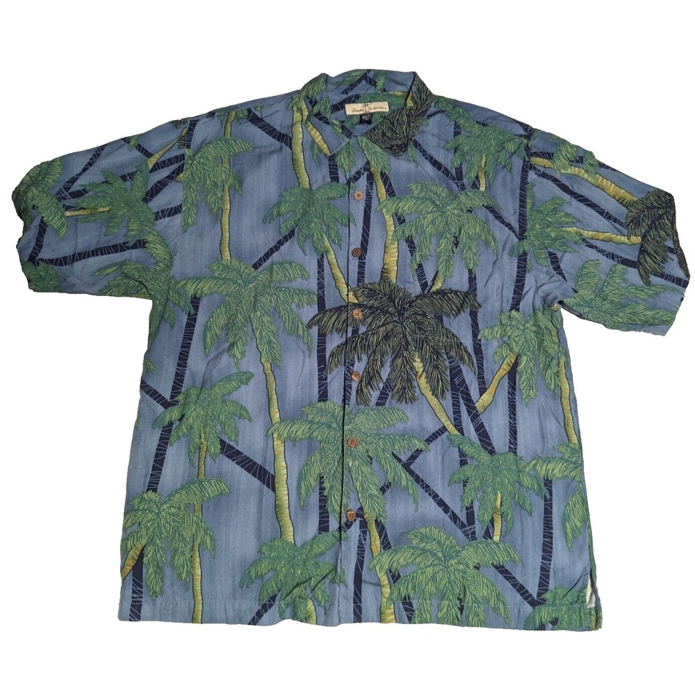 TOMMY BAHAMA RELAX SILK Men Large Blue Palm Tree Hawaiian Button-Up Shirt